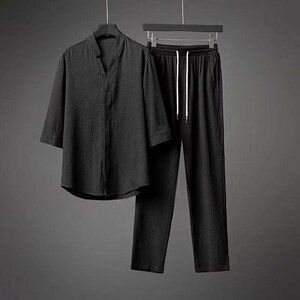 夏 Tシャツ ロングパンツ パンツ メンズ ルームウェア 部屋着 涼しいセットアップ 上下セット ブラック 2XL