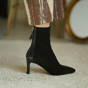  bootie lady's lady's shoes formal suede short boots long nose high heel ..OL middle height black 23cm