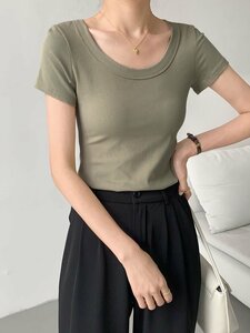 スイモク 半袖 Tシャツ レディース トップス カットソー リブ デイリー 肌触りの良い素材 大きいサイズ A サイズM