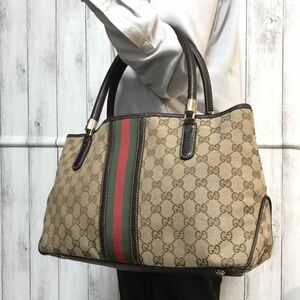 極美品/希少●グッチ GUCCI トートバッグ ハンドバッグ メンズ ビジネス 大容量 GGキャンバス シェリーライン レザー 本革 金具 ブラウン 