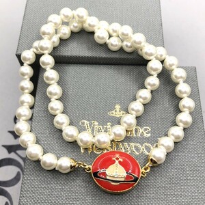 [ free shipping ]Vivienne Westwood Vivienne Westwood enamel button o-b pearl choker necklace Gold red 