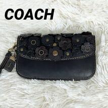 COACH コーチ クラッチバッグ 長財布 ウォレット ティーローズ アップリケ フラワー 花 チャーム ストラップ レザー 革 ブラック 黒 23536_画像1