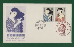 ☆コレクターの出品 ＦＤＣ『1987年 切手趣味週間』橋口五葉画　う-53