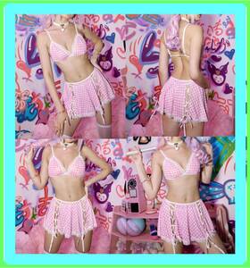 ♥♥ super wonderful! skirt type! garter Ran Jerry set! pink check pattern! see-through! pretty ♥♥T31