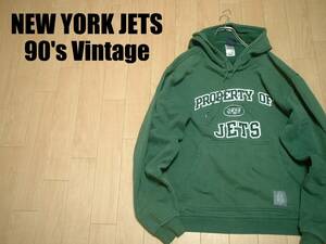 90sビンテージNEW YORK JETS by ReebokスウェットパーカーMビッグシルエット正規ニューヨークジェッツNFLフーディトレーナー深緑リーボック