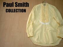 高級Paul SmithノーカラーコットンドレスシャツL美品プリーツ正規ポールスミスCOLLECTIONバンドカラー黄色イエロー定価2万円_画像1