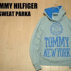 TOMMY HILFIGERビッグロゴスウェットパーカーM杢グレーNEW YORK正規トミーヒルフィガーJEANSフーディトレーナーFLAG袖フラッグジーンズの画像1