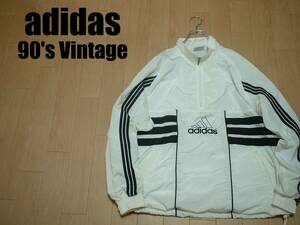 90s Vintage adidas Performance Logo вышивка половина Zip нейлон жакет прекрасный товар O(JPN-XL) стандартный Adidas тянуть over ano подставка белый белый 