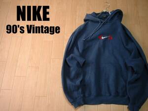 90s Vintage NIKE center sushu embroidery sweat Parker L navy blue navy regular Nike SWOOSH black tag jersey re-na- silver tag f-ti