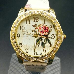【未使用 保管品】 花柄 ラインストーン 腕時計 アナログ 3針 絵柄文字盤 花柄 ゴールド色 レディース 時計