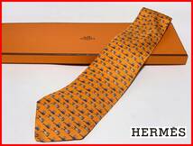 即決 HERMES エルメス ネクタイ オレンジ 馬柄 タグ付 箱付 レディース メンズ D6_画像1