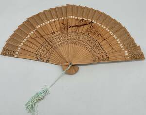 y1198TT fan . wood grain . tree wooden .... carving stylish .. scenery pattern * plum pattern kimono small articles period thing cosplay Japanese clothes 