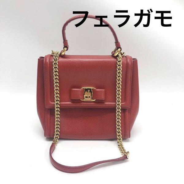 ☆美品☆フェラガモ FERRAGAMO ヴァラ・リボン ハンドバッグ レッド