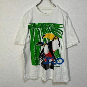 アニマル　半袖Tシャツ　鳥　ボタニカル　リーフ　ブラジル　カラフル白F9 古着　入手困難　人気　白　ビッグプリント　葉っぱ　ど派手