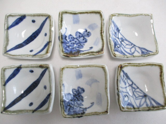 Japanische Keramik, handbemalte gefärbte quadratische kleine Teller, 9cm, 6 Stück / kleine Teller, Bohnenteller, Muster, Nussschale ①, Japanisches Geschirr, Gericht, kleiner Teller