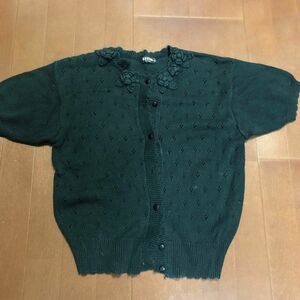花モチーフ かぎ編み ざっくり編み カーディガン ブラック 半袖