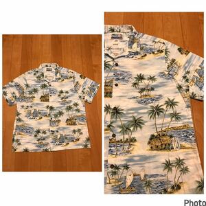 良品☆HAWAII.USA製／Styled By RJC LTD. EST.1953 サイズXL大き目.日本2XL以上並 半袖オールドアロハシャツ 風景画/椰子の木&カヌー他総柄