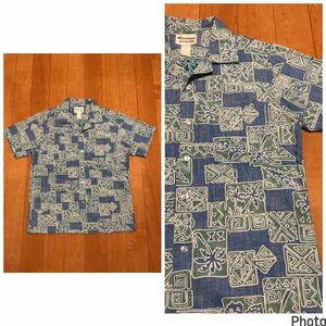 美品☆HAWAII製／70s-80sHawaiian casuals S大き目/日本M-L相当 裏使い半袖ビンテージアロハシャツ　両胸ポケット・椰子の木&BATIK模様総柄