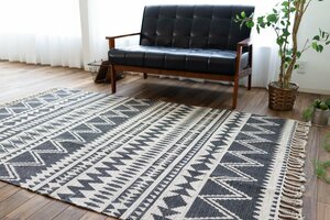 ■■サヤンサヤン カーペット ラグ 西海岸 ネイティブ柄 ハンドメイド コットン 約 140×200ｃｍ 1.5畳 ブラック　