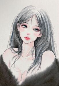 Art hand Auction 手描きイラスト 水彩画 原画 青色瞳の女の子, 絵画, 水彩, 人物画