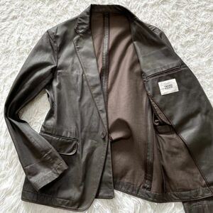 1 jpy ~* beautiful goods * Takeo Kikuchi [ rare L. goods feeling . lustre feeling ]TAKEO KIKUCHI tailored jacket jacket elasticity cow leather coating Brown 