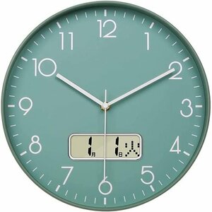 Nbdeal グリーン 北欧 時計 壁掛け 直径30cm 曜日表示 おし 連続秒針 静音 電波時計 掛け時計 151