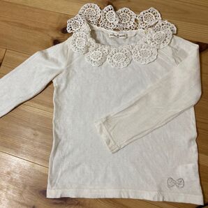 TENTO MUSHI 子供100 長袖 フリル トップス アイボリー(白)ナチュラル系 レース 綿 リボン 刺繍