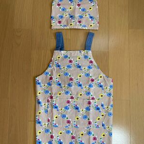 peapod キッズエプロン 三角巾 セット/ピーポッド 花柄 110-120cm ゴム仕様 家庭科 給食当番 お手伝い 子ども