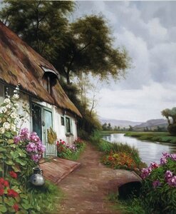 模写油絵　Louis Aston Knight_川沿いの家　MA730　ユーラシアアート