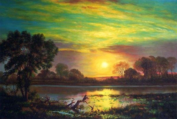 استنساخ لوحة زيتية لبيرستادت غروب الشمس على بحيرة أوينز MA506 فن أوراسيا, تلوين, طلاء زيتي, طبيعة, رسم مناظر طبيعية