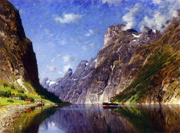 模写油絵 Normann Adelsteen_フィヨルドの風景 MA859 ユーラシアアート, 絵画, 油彩, 自然, 風景画