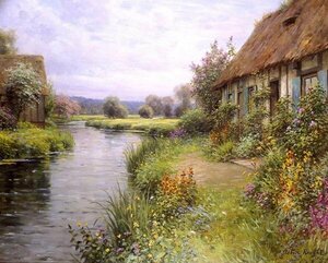 Art hand Auction Reproduktion Ölgemälde Louis Aston Knight_Blumen blühen entlang des Flusses MA727 Eurasische Kunst, Malerei, Ölgemälde, Natur, Landschaftsmalerei