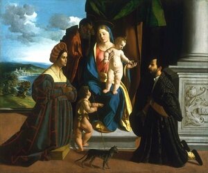 模写油絵　ドッシ_聖家族と若い聖ヨハネと猫と二人の寄進者　MA3074　ユーラシアアート