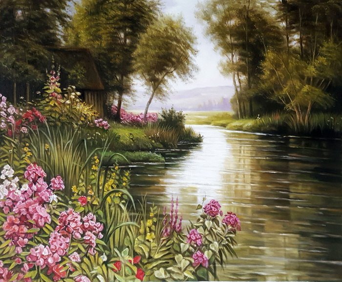 模写油絵 Louis Aston Knight_川端に咲く花 MA734 ユーラシアアート, 絵画, 油彩, 自然, 風景画