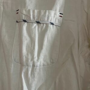 ★FORT POINT★七分袖 フード付きシャツ M 白ホワイト水色ブルー マリン ボーダーのフードと袖口が可愛い 麻55％綿45％の画像2