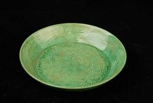 中国美術 定窯 皿 鳳紋 時代物 緑釉