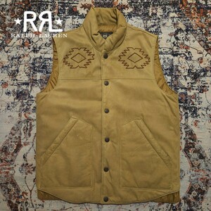【希少】 RRL Hazelwood All Leather Vest 【S】 へイゼルウッド オール レザー ベスト 刺繍 ネイティブ 羊革 Ralph Lauren 最高級 ダウン