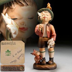 Y551. ANRI アンリ 木彫 Juan Ferrandiz 少年 鳥 リス 高さ26.8cm / 西洋美術木製人形飾り物置物