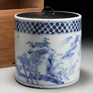 Y637. 時代茶道具 染付 山水図 黒塗蓋 水指 / 陶器陶芸古美術時代青花の画像1