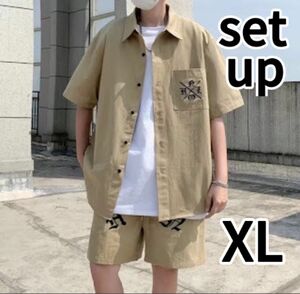 セットアップ シャツ ブラウン ハーフパンツ 上下セット XL メンズ ビッグシルエット 半袖シャツ