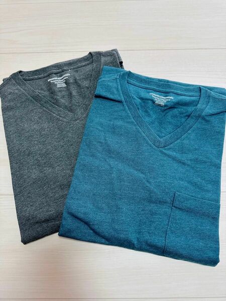 2枚組 Tシャツ ポケット付き Vネック 半袖 メンズ Ｓ　グレー ブルー