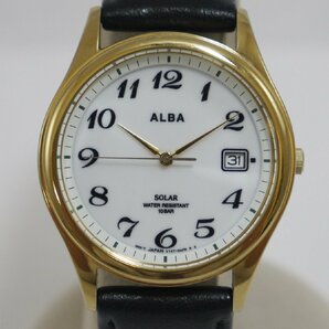 定形外送料無料 USED品・保管品 SEIKO セイコー ALBA アルバ V147-0AJ0 ソーラー3針 腕時計 デイト レザーベルト 白文字盤 動作品の画像2