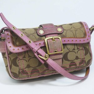 USED品・保管品 COACH コーチ 1485 シグネチャー ショルダーバッグ キャンバス ブラウン系/ピンク系 ゴールド金具 ダメージ多 現状品