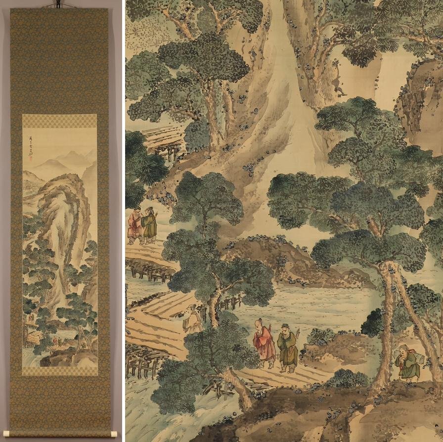 [Authentic work] ◆ Saeki Kishidai ◆ Blue-green landscape ◆ Edo period ◆ Hand-painted ◆ Silk book ◆ Hanging scroll ◆ t641, painting, Japanese painting, landscape, Fugetsu