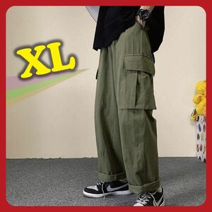 XL カーゴパンツ ワイドパンツ カーキ ボトムス ユニセックス メンズ 袴パンツ 長ズボン ワイドカーゴパンツ ワークパンツ