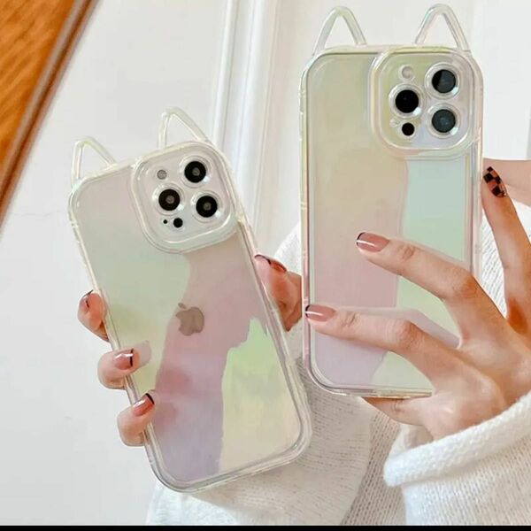 【新品】iPhoneケース　3D 猫耳　オーロラ　クリア　韓国　iPhone アクセサリー