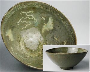 朝鮮美術 高麗青磁 三羽鶴 白象嵌 茶碗 菓子鉢
