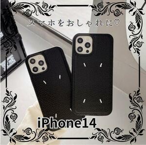 新品 未使用 刺繍のデザイン iPhone14 シンプル 韓国 PUレザー　可愛い おしゃれ ブラック ワイヤレス充電対応 高級感 綺麗目コーデ