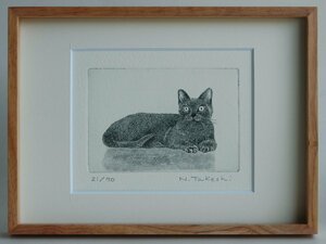 くつろぐ猫/銅版画・エッチング/新品、額あり