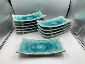 京焼　まな板皿　青釉　青交趾焼 10枚　日本料理　懐石料理　刺身皿　焼物皿　八寸皿　刺身盛　寿司皿